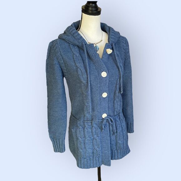 Vintage 60s Women’s Marine Blue Hoodie Cardigan Longer Sweater XS S Chunky - Picture 1 of 10